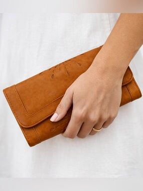 OURBAG Faux Leather Sunflower Trifold Wallet Boho Clutch Brown Cutout Design